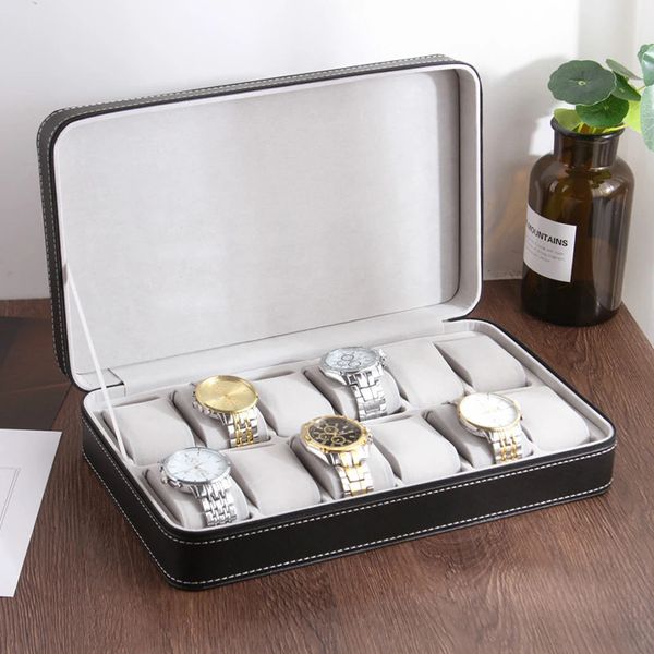 Boîtes à montres VANSIHO Promotion PU cuir vert/noir/gris couleur 6/10/12 fentes fermeture éclair bijoux boîte de montre pour vitrine de voyage 231128