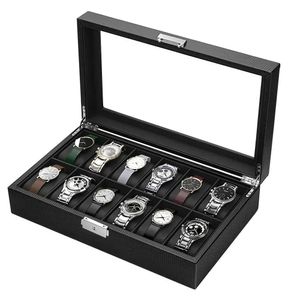 Boîtes à montres Boîte à montres 12/10/6 fentes organisateur de boîte de montre pour hommes vitrine de montre avec dessus en verre pour cadeau d'affaires en cuir de fibre de carbone 231128