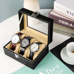 Boîtes à montres Boîte de montre organisateur d'affichage de montre organisateur de montre en cuir PU pour grandes montres support de boîte de rangement verrouillable dessus en verre livraison directe 231116