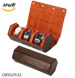 Boîtes à montres Boîtiers Boîtier de montre pour hommes Rouleau de montre à 3 fentes Étui de voyage Organisateur de rangement Affichage Accessoire fait à la main Bijoux portables Boîte ronde Cadeau 231120