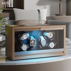 Boîtes à montres Boîte à remontoirs de montres 6 emplacements en bois de grain de noyer noir entièrement automatique couvercle au vent couvercle ouvert avec lumière LED TPD 6-8 rotateur 231116