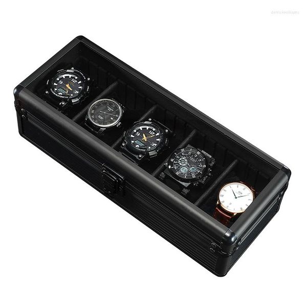 Boîtes de montre Organisateur pour hommes en alliage d'aluminium de couleur noire classique à 5 grilles