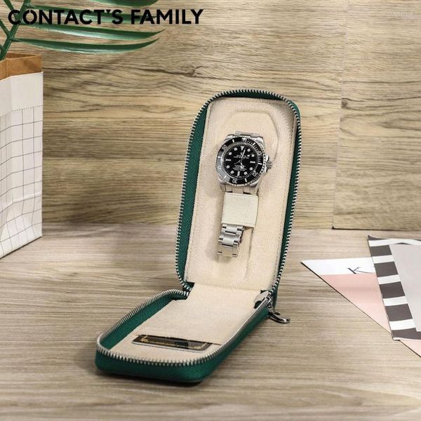 Boîtes de montres CONTACT'S FAMILY Vintage fait à la main en cuir de vachette, présentoir à fente unique, boîte de rangement de bijoux et de bracelets avec carte