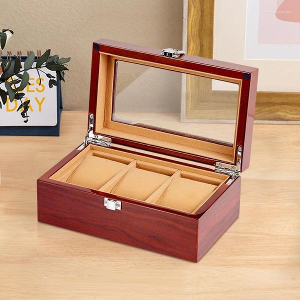 Cajas para relojes Exquisita caja lacada Ventana tipo almeja Almacenamiento de joyas de grano de madera 3 más de madera