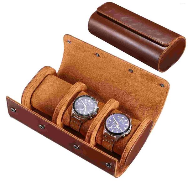 Boîtes de montre Boîte de mode Boîte de rangement en forme de cylindre Voyage Portable 3 Grilles Montres Roll Solder