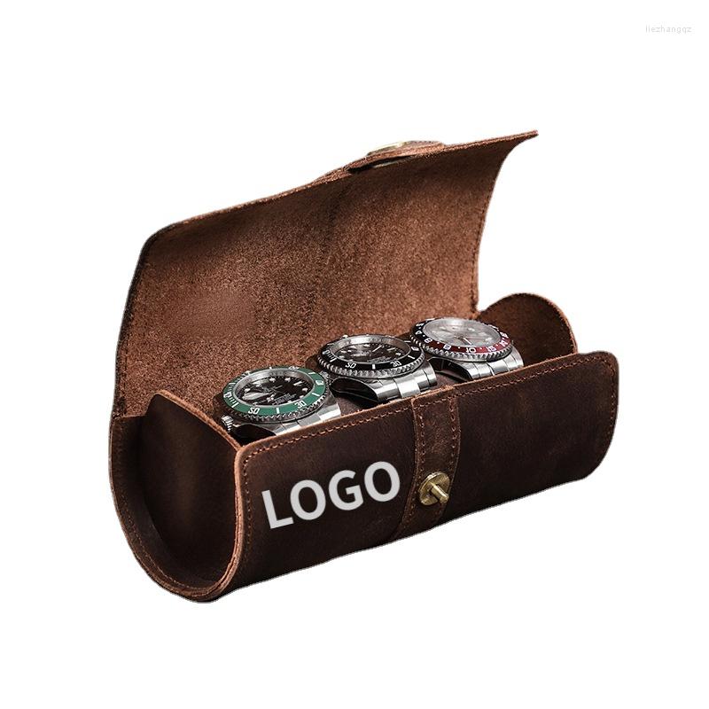 Watch Boxes Free Customized Logo Box Vintage Crazy Horse Leather Creative Round Buckle Storage 3 Pack