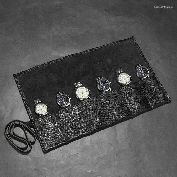 Cajas de reloj de cuero genuino con 6 ranuras, bolsa con rollo, soporte verde, organizador de viaje portátil, bolsas de almacenamiento para relojes, bolsa de exhibición, regalo para hombre