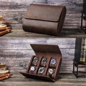 Bekijk dozen echte lederen doos weergave voor 6 horloges opslag Organisatorhouder Men Roll Pouch Exquisite Jewelry