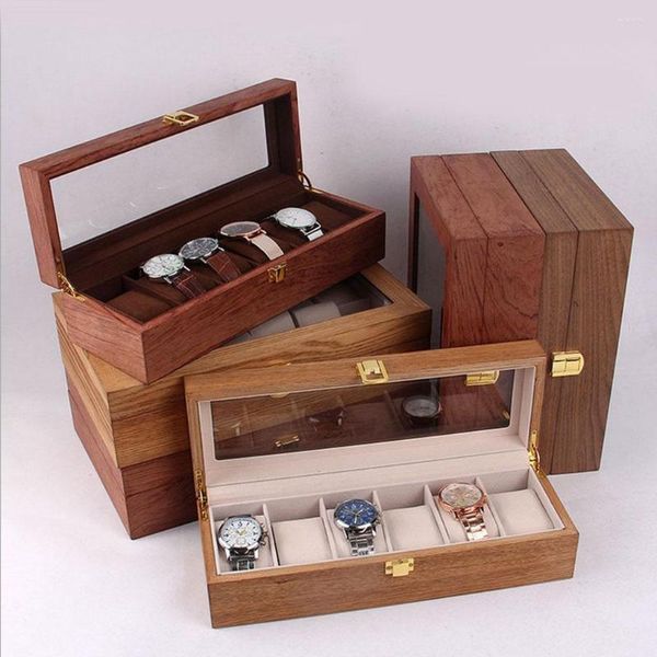 Boîtes de montre Plateau en verre 6Slot Wood Case Display Organizer Storage Tray ForWomen