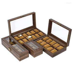 Bekijk dozen high-end doos groothandel transparant glazen display houten korrel leer op 3/6/10/12 mesh cadeau horloges