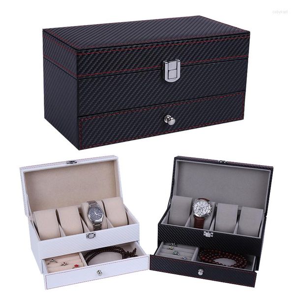 Boîtes de montres de haute qualité en fibre de carbone étui en cuir 4 grille double couche boîte pour hommes et femmes bijoux organisateur afficher le cadeau