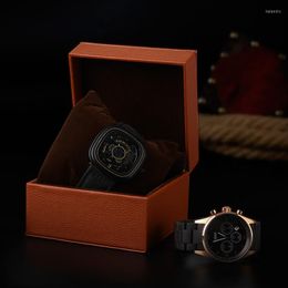 Bekijk dozen High Quanlity Pu Leather Box Fashion Jewellery opslag Zwart Display Gift Heren kunnen Logo W067 aanpassen