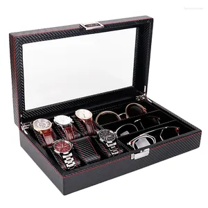 Boîtes à montres présentoir à bijoux, boîte de rangement en cuir, organisateur de lunettes de soleil, support pour 6 montres et 3 lunettes