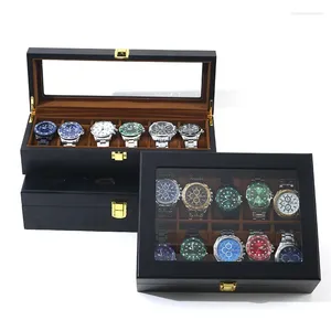 Organisateur de stockage de bijoux de boîtes de montres pour cadeaux avec grilles 6/10/12 Boîte en bois noir doublure