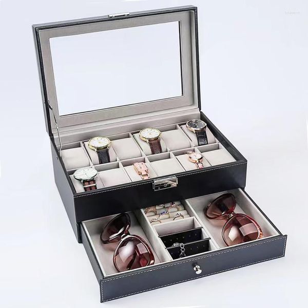 Cajas para relojes Caja de almacenamiento de cuero de doble capa grande, organizador, soporte de exhibición para hombres, estuche de regalo de joyería negro