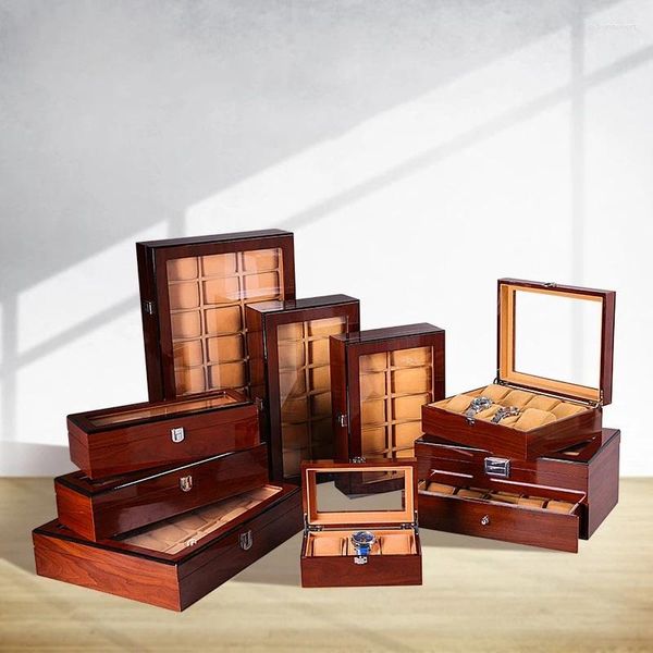 Cajas de relojes de lujo 3 5 6 8 10 ranuras Colección de grano de madera Vitrina negra Caja de madera Organizador de almacenamiento de pulseras para el día de San Valentín