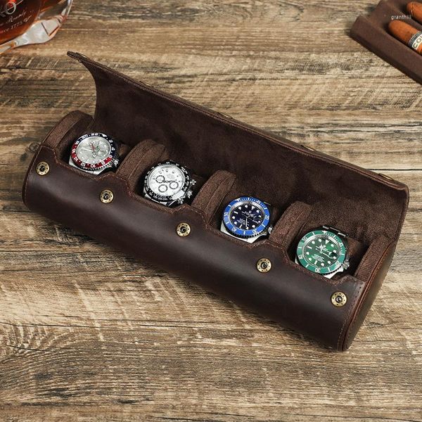 Boîtes de montres luxe 4 fentes boîte à rouleaux porte-étui en cuir pour hommes montres de voyage organisateur affichage bijoux pochette de rangement cadeau