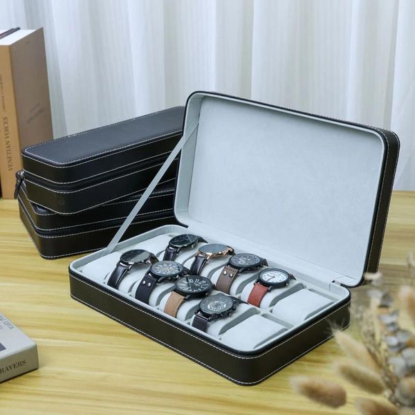 Boîtes de montres de luxe 6/10/12 fentes, boîte en cuir Portable, bon organisateur, rangement de bijoux, fermeture éclair, facile à transporter pour hommes D50