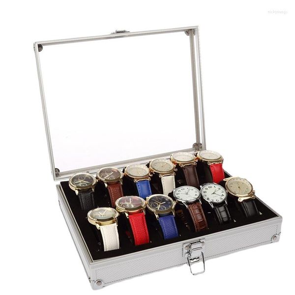 Boîtes de montre boîte de luxe en aluminium valise en métal organisateur 12 fentes hommes personnalisé argent affichage bijoux cadeau