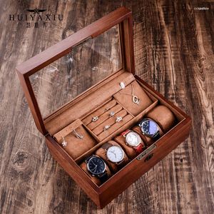 Boîtes de montres Boîte de rangement de luxe Boîte de rangement pour bijoux en bois avec serrure Double couche Anneau Collier Affichage Montres pour hommes