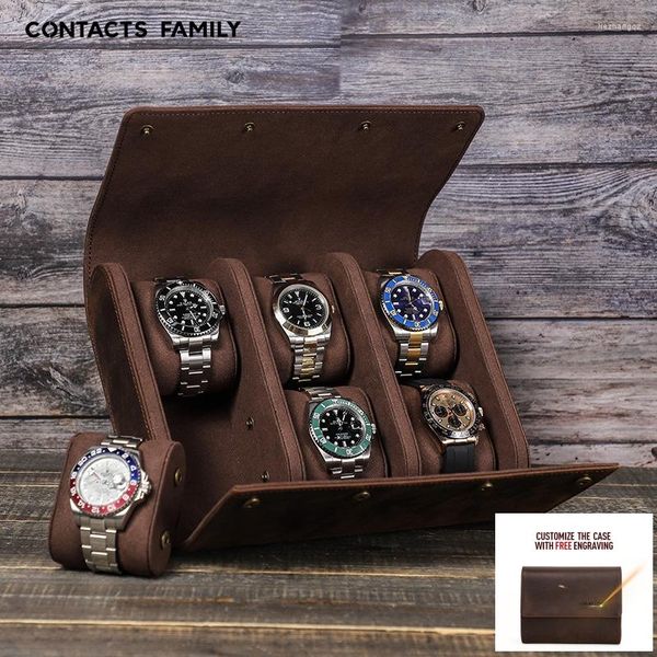 Cajas para relojes Caja de cuero de lujo con 6 ranuras, piel de caballo loco Vintage hecha a mano, almacenamiento creativo para viajes al aire libre