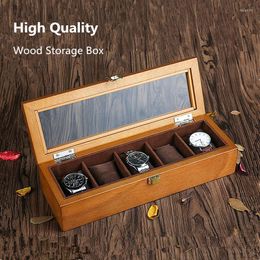 Bekijk dozen Men Wood Box Organizer 5 Slots Vintage Luxe opbergkust kussen horloges display houder sieraden cadeau ideeën