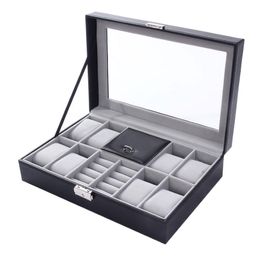Watch Boxes Mixed Grids Wacth Box Leather Case Storage Organizer Luxury Jewelry Ring Display Black Quality 2 In 1 296u