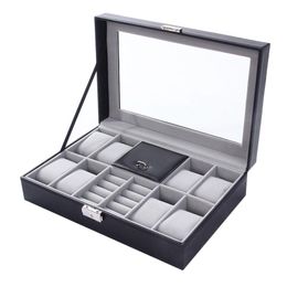 Horlogedozen Gemengde Grids Wacth Box Lederen Case Organizer Luxe Sieraden Ring Display Zwart Kwaliteit 2 In 1305p