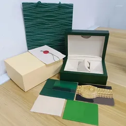 Boîtes à montres originales, papiers assortis, carte de sécurité, sac cadeau, boîte en bois vert pour livrets de montres, impression gratuite personnalisée