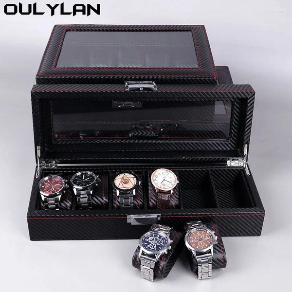 Boîtes de montre en cuir PU, boîte de rangement de bijoux en Fiber de carbone avec 6 10 12 fentes, emballage d'affichage de lunettes de soleil