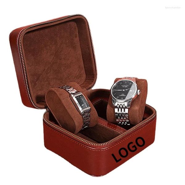 Boîtes de montre PU Portable Flip Buckskin Velvet Zipper Case 2 Slots GRAND OREIL BILLET Affichage Boîte de rangement cadeau Personnalisation Logo