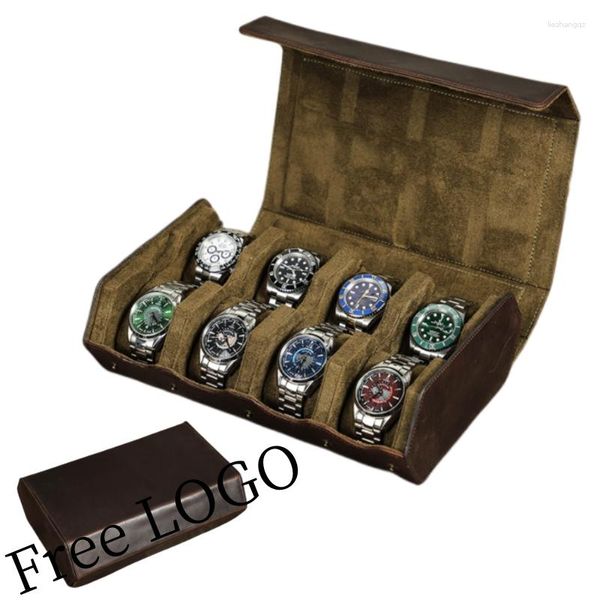 Boîtes de montres étui en cuir véritable 8 fentes octogonales portables Vintage détachables à la main boîte de rangement organisateur Logo personnalisé