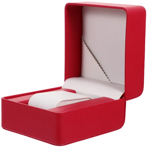 Boîtes de montre Boîte de rangement unique: Support en PU rouge de luxe avec oreiller pour montre-bracelet de mariage Montres Bague porte-bijoux