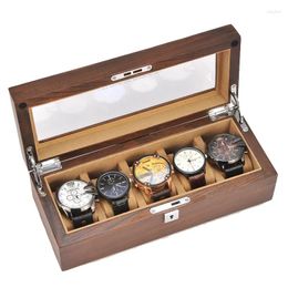 Horlogedozen Massief Houten Doos 5 Slots Opbergdoos Transparant Dakraam Display Lade Horloges Houder Organizer Accessoire
