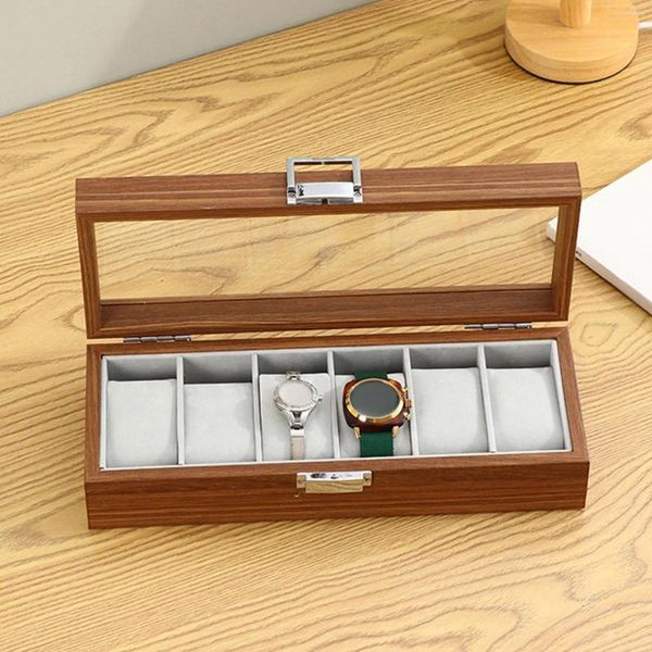 Boîtes à montres boîte de rangement 6 fentes larges bois pour hommes femmes décoration de la maison montres bijoux affichage Table commode boutique