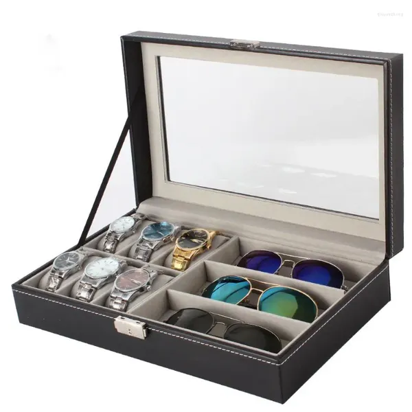 Cajas de relojes VANSIHO Promoción Práctica caja de cuero PU 6 ranuras Estuche de almacenamiento de gafas de 3 celdas con cubierta transparente