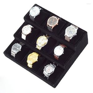 Boîtes de montres Rangement en velours 9 fentes Organisateur Bijoux Montres-bracelets mécaniques Présentoir Collection Accessoires Idée cadeau
