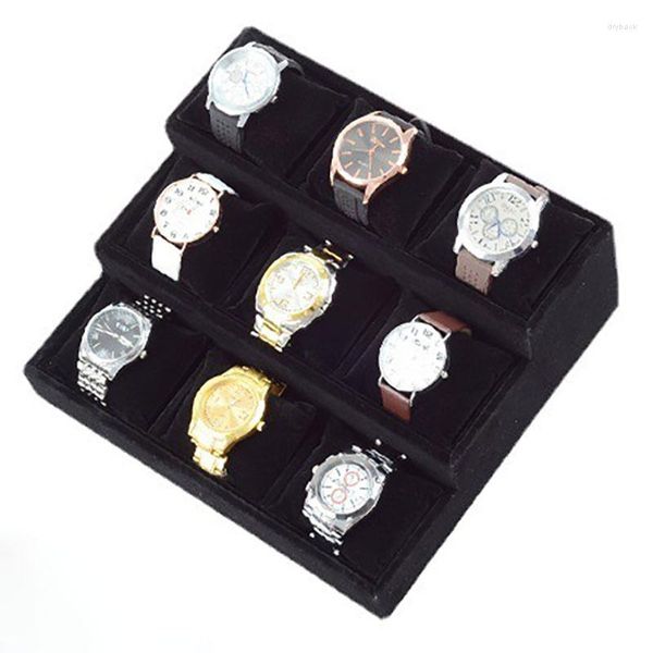 Boîtes de montres Rangement en velours 9 fentes Organisateur Bijoux Montres-bracelets mécaniques Présentoir Collection Accessoires Idée cadeau