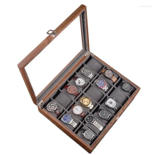 Cajas para relojes, caja de nogal, organizador de madera maciza, 18 ranuras, tragaluz transparente, relojes de pulsera para hombres, almacenamiento de colección de exhibición