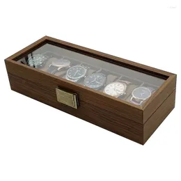 Boîtes de montres Boîte en bois de noyer avec couvercle pour 6 pcs rétro Afficher l'organisateur 6 caisses de rangement en bois à fente noir