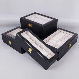 Boîtes de montre fenêtre boîte noire hommes 12/6 fentes caisse en bois organisateur bijoux affichage tiroir verre haut voyage mode cadeau