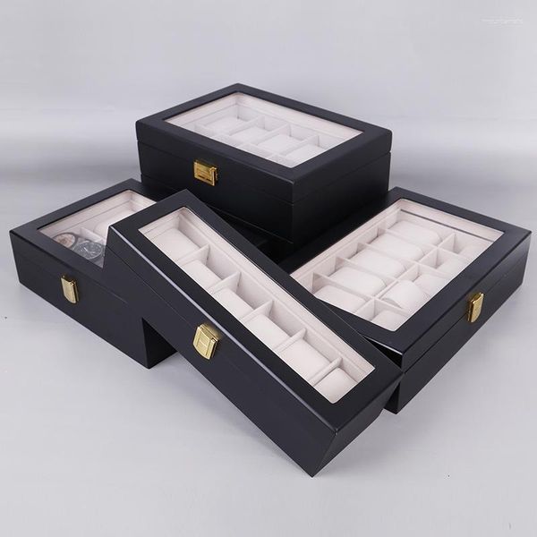 Cajas de reloj con ventana, caja negra para hombre, 12/6 ranuras, organizador de caja de madera, cajón de exhibición de joyería, tapa de cristal, regalo de moda de viaje