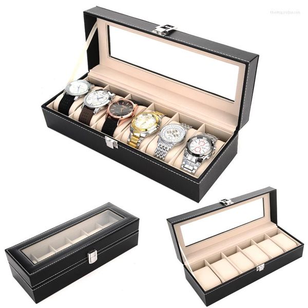 Boîtes à montres avec fenêtre, boîte en cuir noir, support professionnel, organisateur pour horloge, montres, bijoux, affichage de voyage, cadeau