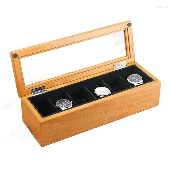 Boîtes à montres boîte en bois 6 fentes lucarne transparente mallette de rangement montres plateau d'affichage Collection accessoires organisateur cadeau