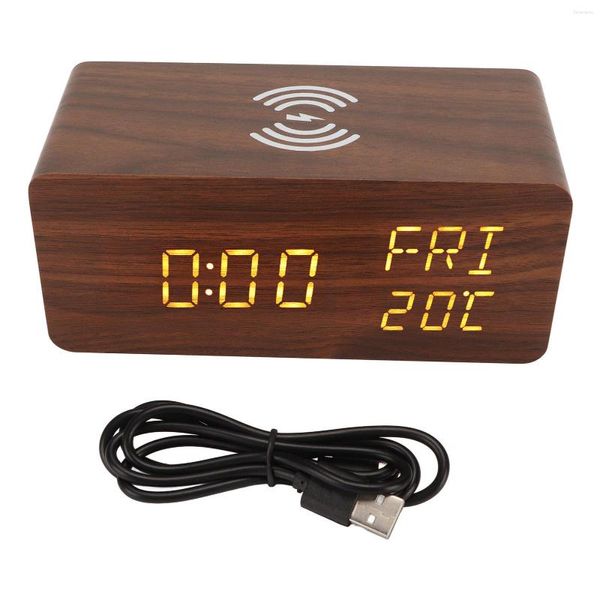 Mira las cajas de madera Reloj Led Día de la semana Diasplay 3 Dimmer Alarma digital de madera con cable de carga para el hogar