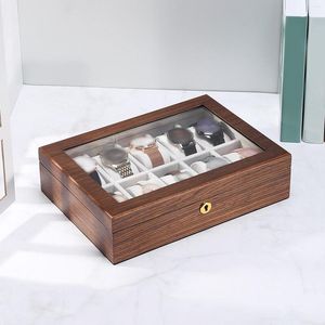 Bekijk dozen houten 10 slotbox pols opslagcase Clear top messing slot stofdichte horloges dressoir beschermende organisator