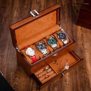 Boîtes de montre Boîte en bois Organisateur Case Double Couche Marron Hommes Bijoux Stockage Affichage Anneau Collier Bracelet Gift1846