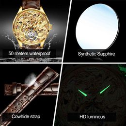 Horloge Merk Oupinke Luxe Gouden Mechanisch Horloge voor Mannen Tourbillon Saffier Draak Leer Wathes Handwind Waterdicht Geen Batterij UR5W