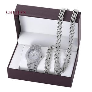 Horloge CHUHAN 3 stuks set Hip Hop Cuba Kettingen Iced Out Ketting Set Mode Luxe Diamant Ingelegde Stalen Band Quartz horloge Armband J2233