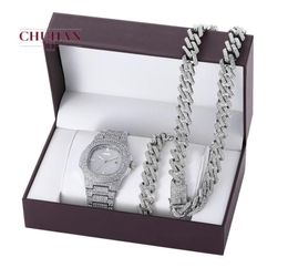 Bekijk Chuhan 3PCSSet Hip Hop Cuba Chains Iced Out Necklace Set Fashion Luxury Diamond ingelegde stalen band Quartz Watch Bracelet J9380918